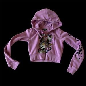Ed Hardy Kids Pink Graphic Zip Up Cropped Hoodie XS Tattoo Skull Distressed